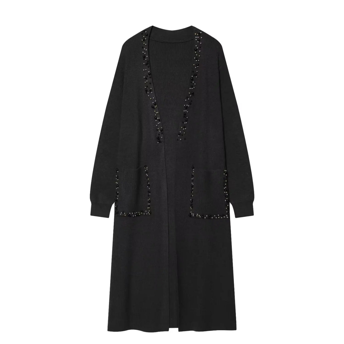 Black pearl beaded longline knit cardigan, front flat lay