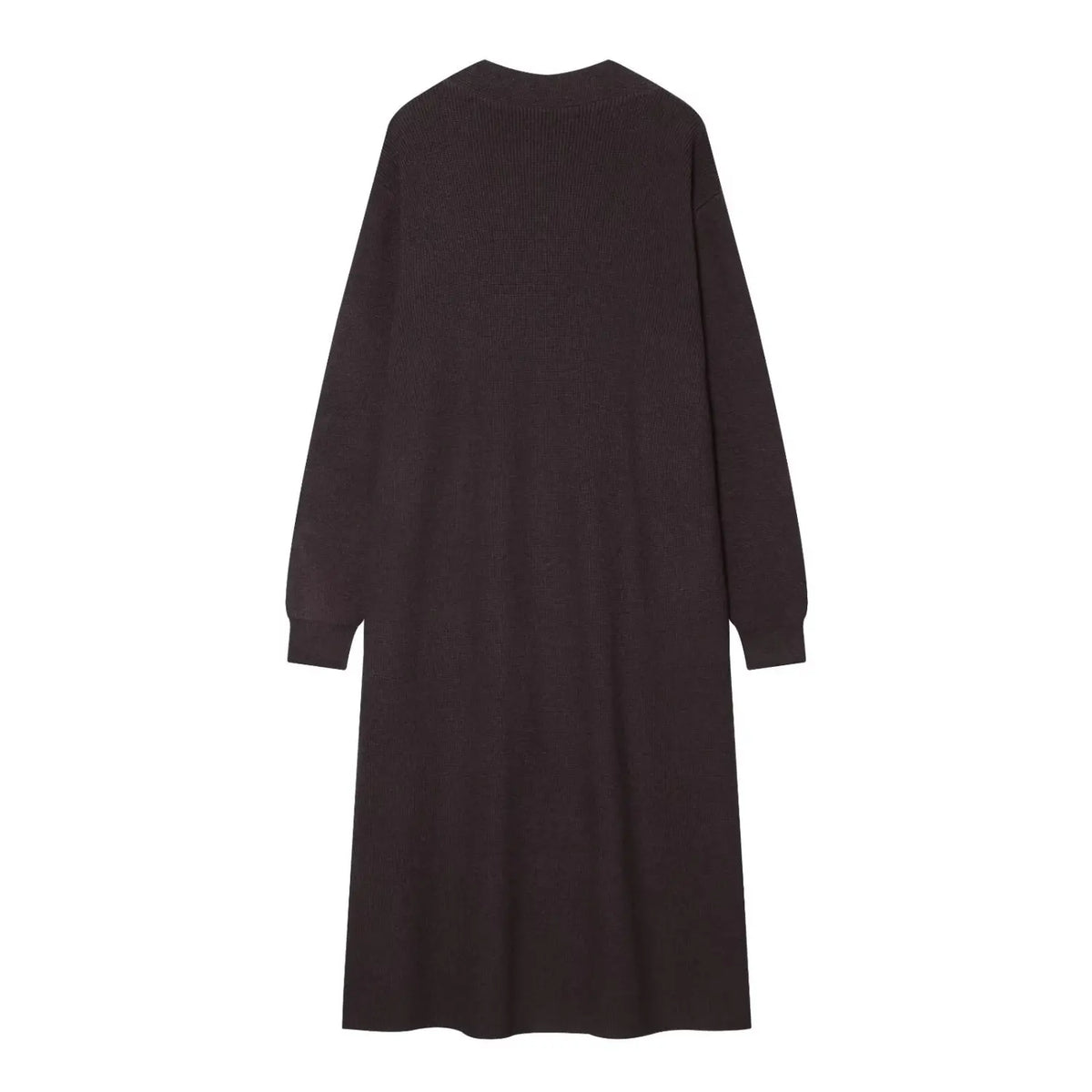 Dark brown pearl beaded longline knit cardigan, back flat lay