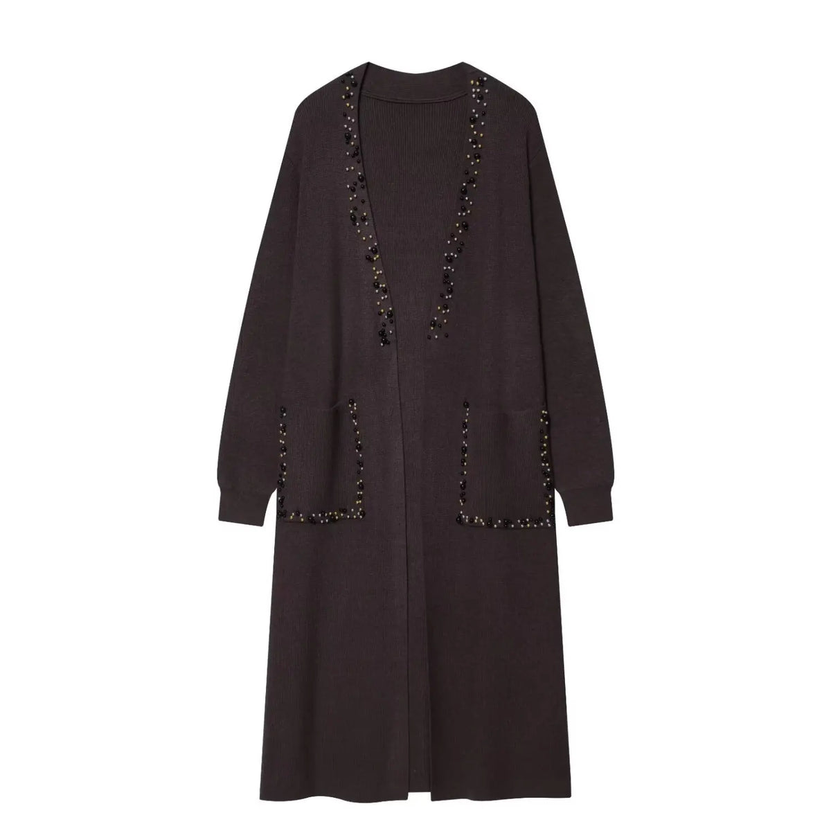 Dark brown pearl beaded longline knit cardigan, front flat lay