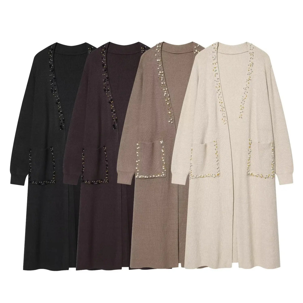 Four colorways of pearl beaded longline knit cardigan, black brown taupe oatmeal