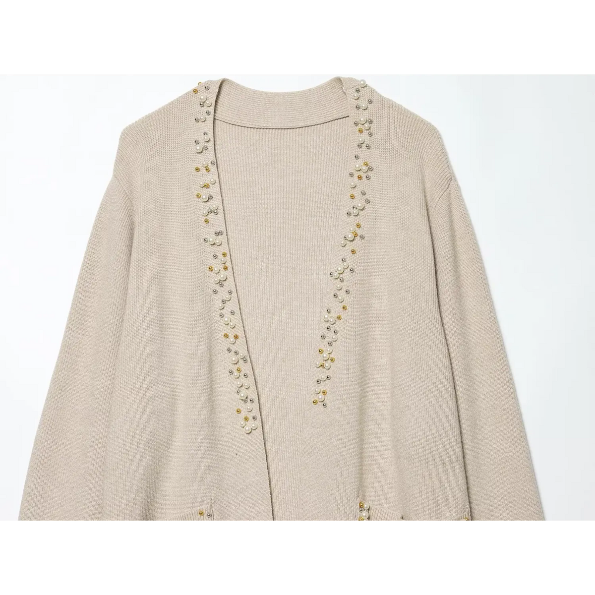 Close-up of V neckline and pearl beaded front placket