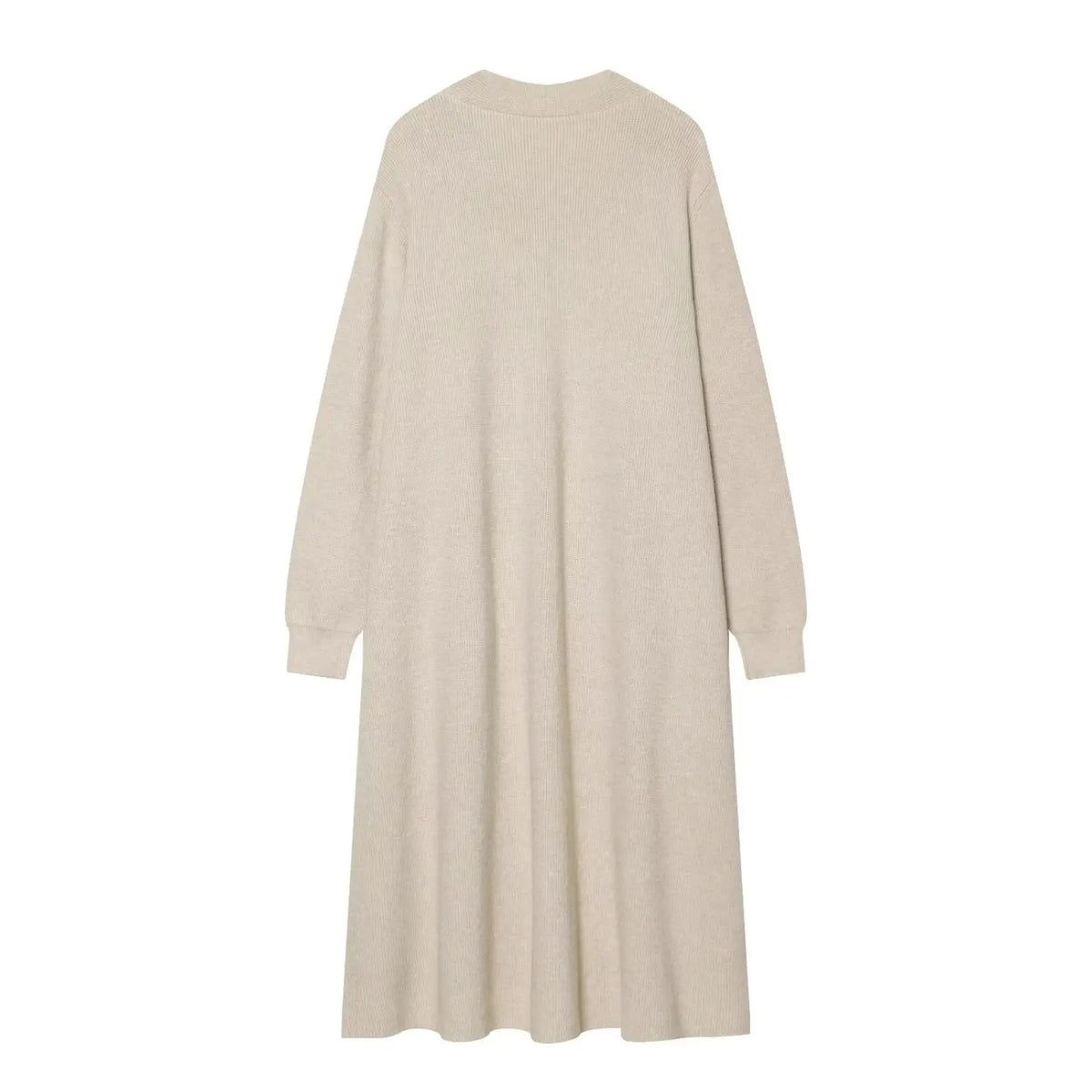 Oatmeal pearl beaded longline knit cardigan, back flat lay