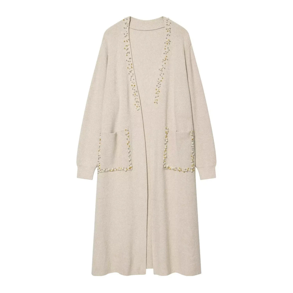 Oatmeal pearl beaded longline knit cardigan, front flat lay
