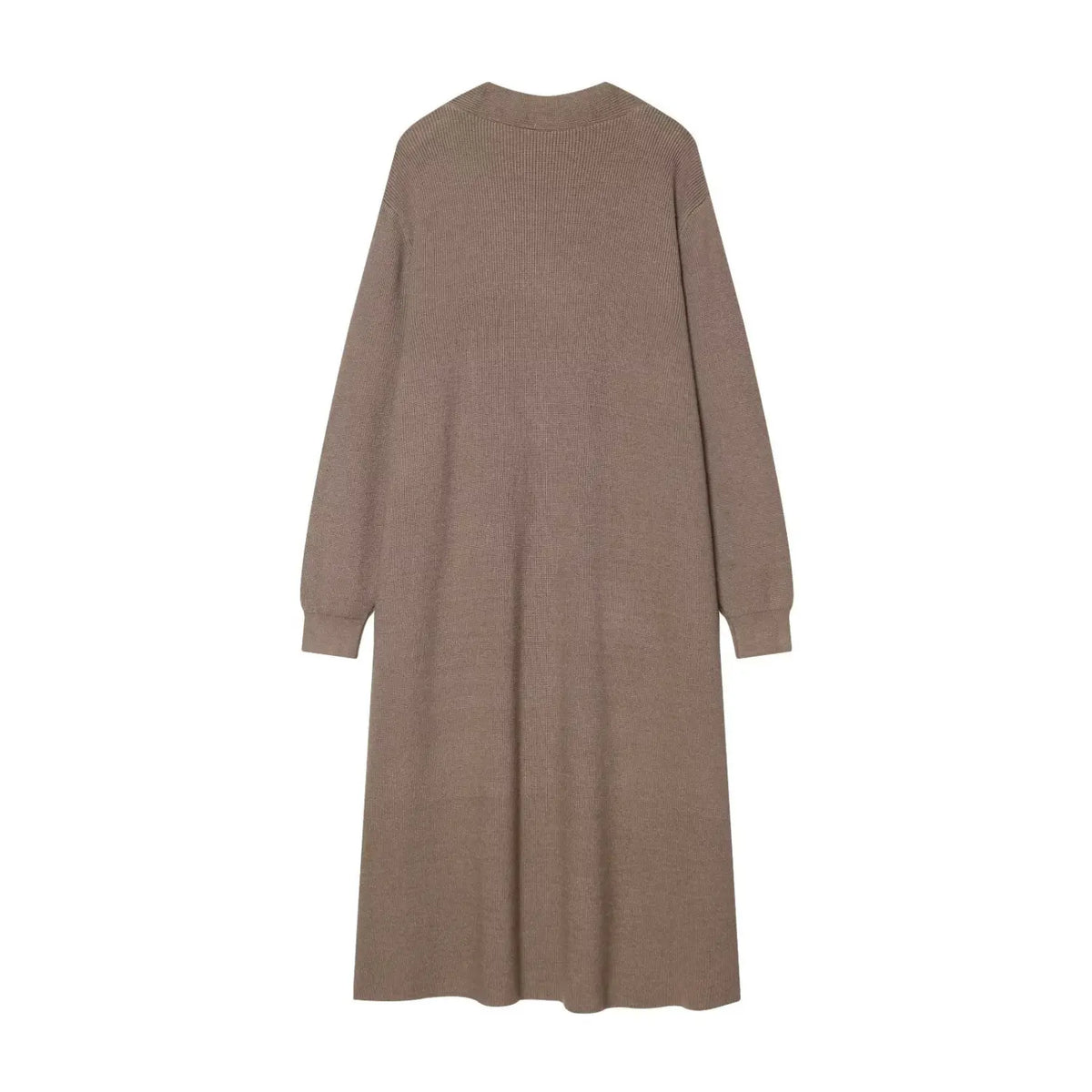 Taupe pearl beaded longline knit cardigan, back flat lay