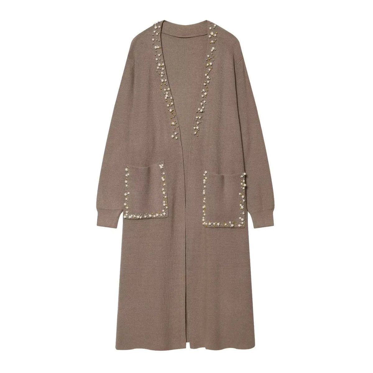 Taupe pearl beaded longline knit cardigan, front flat lay