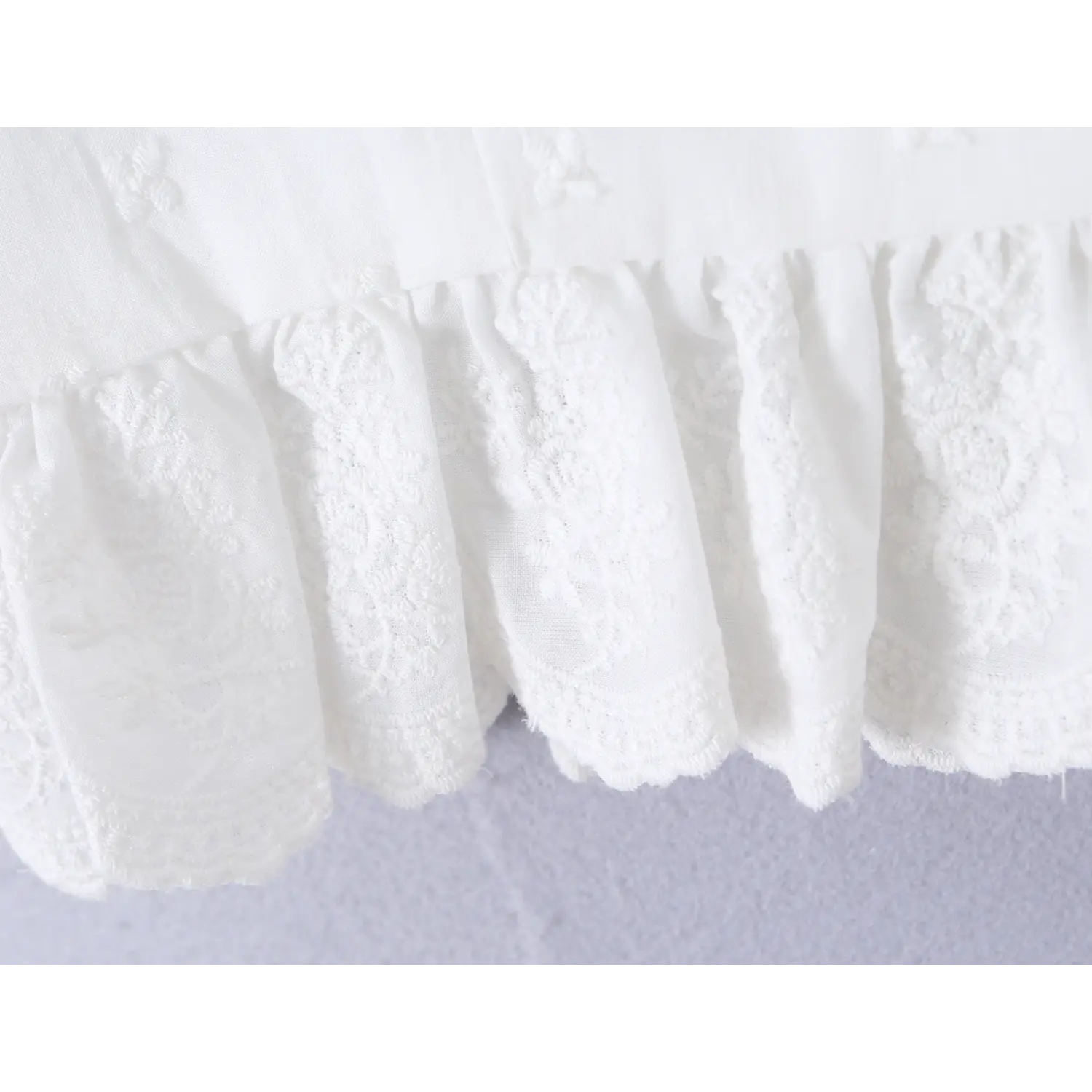 Bottom hem close up scalloped embroidered lace peplum frill white eyelet fitted crop corset shirt
