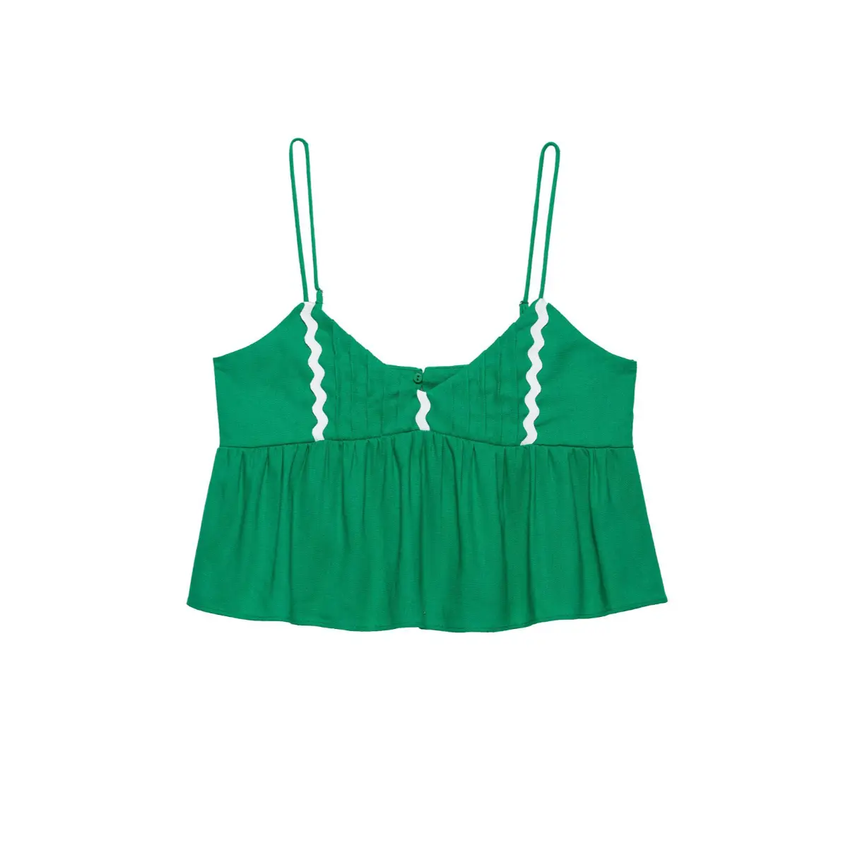 Ruched waist flared peplum hem textured green cami hem detail