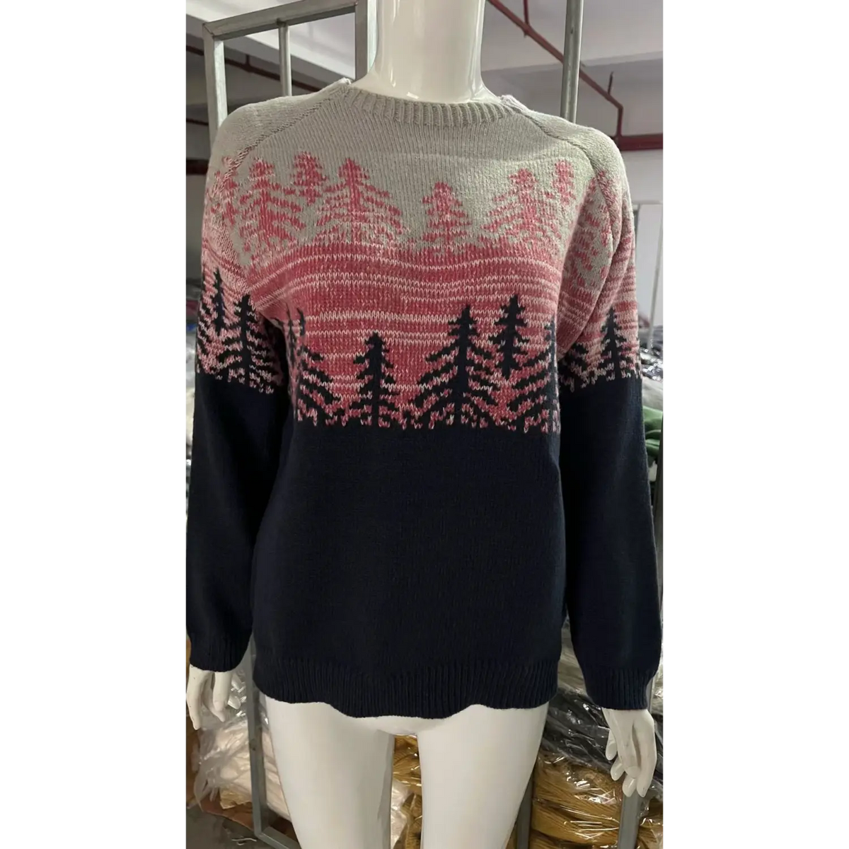 Front view of pine forest fair isle knit sweater on mannequin