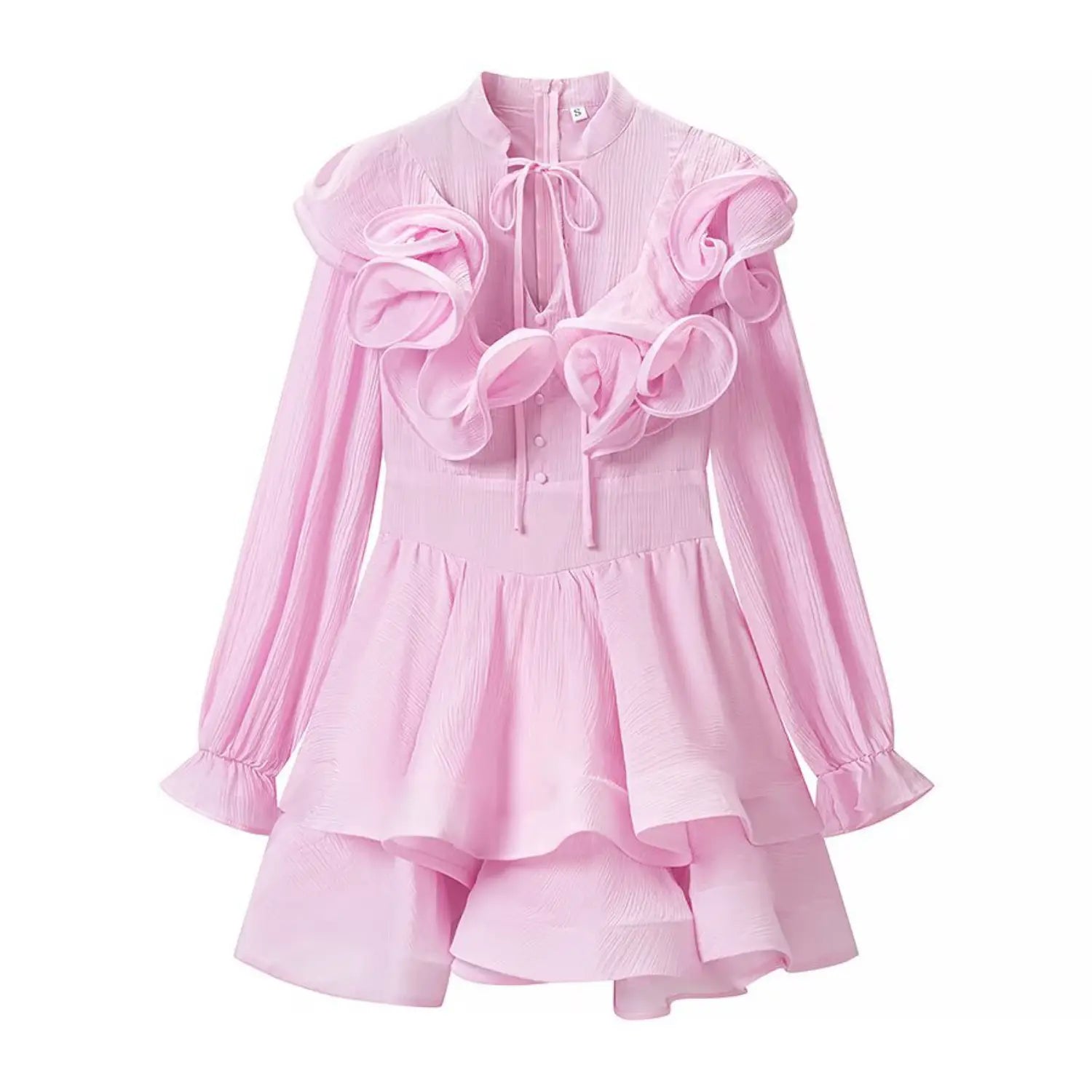 Flat lay front view of light pink stand collar long sleeve mini dress with 3D flower appliques and layered ruffle skirt