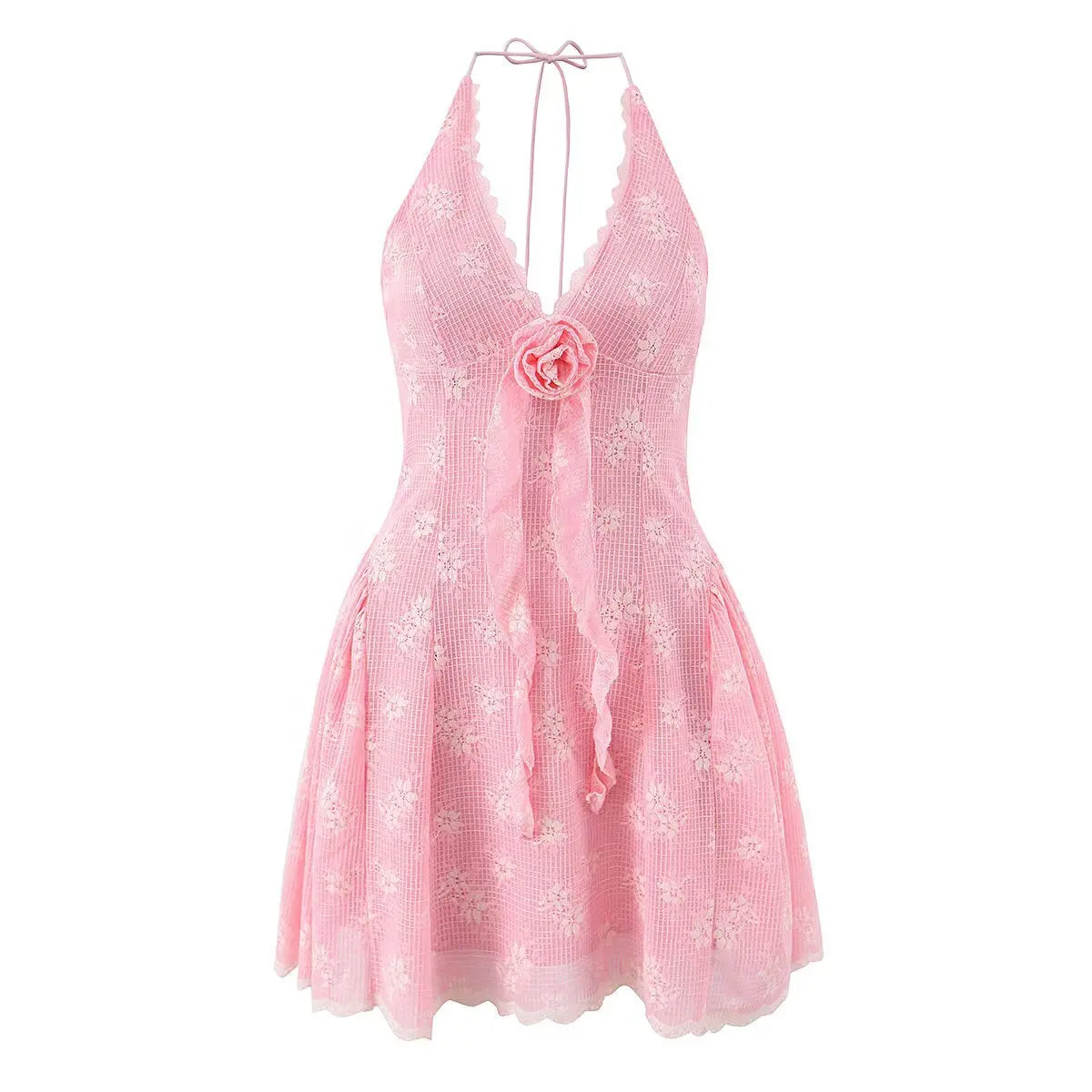 Front bodice detail of pink lace halter mini dress
