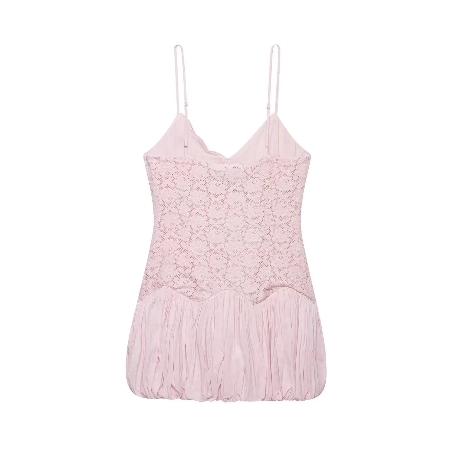 Back view isolated white background, pink lace mini dress with adjustable thin spaghetti straps, fitted lace bodice and gathered bubble pleated mini skirt