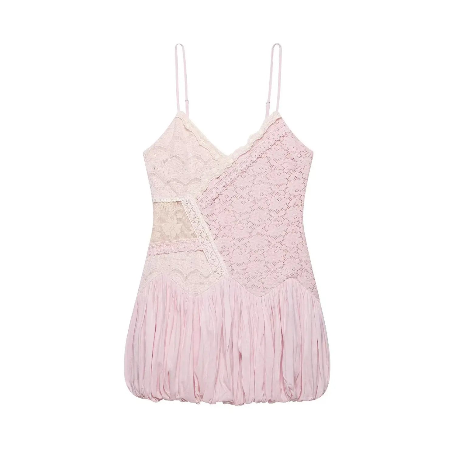 Front view isolated white background, pink adjustable thin spaghetti strap mini dress with mixed contrast floral lace panels, sheer mesh waist cutout and voluminous pleated bubble hem skirt