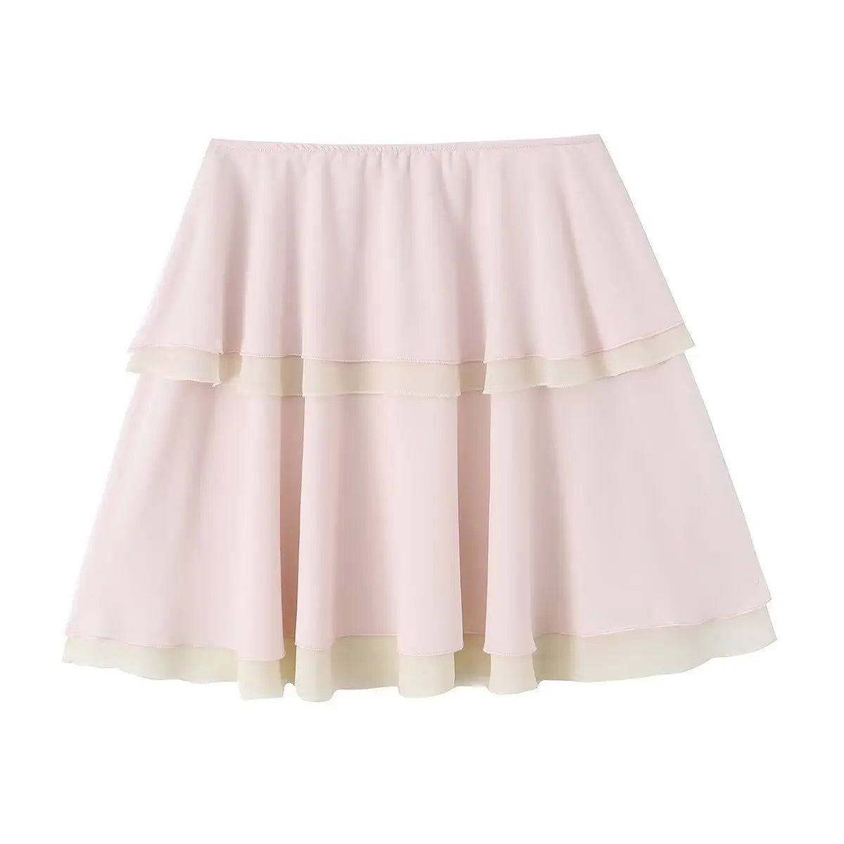 Flat lay view of a pink and beige tiered chiffon mini skirt, showcasing its layered A-line silhouette.
