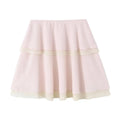 Studio view of a pink and beige tiered chiffon mini skirt, showcasing its full layered silhouette.