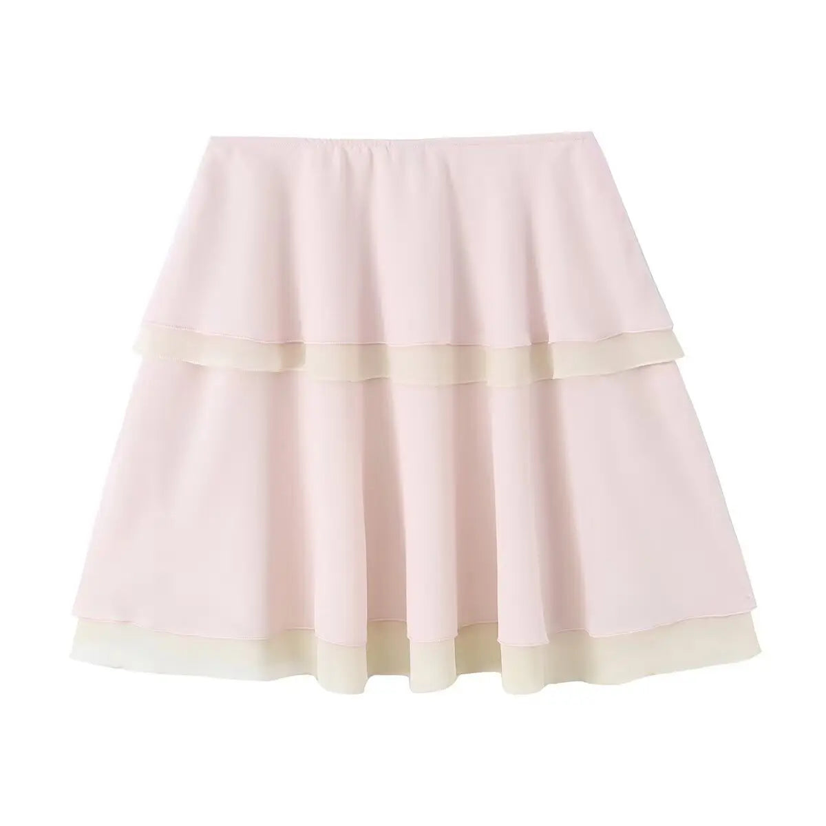 Studio view of a pink and beige tiered chiffon mini skirt, showcasing its full layered silhouette.