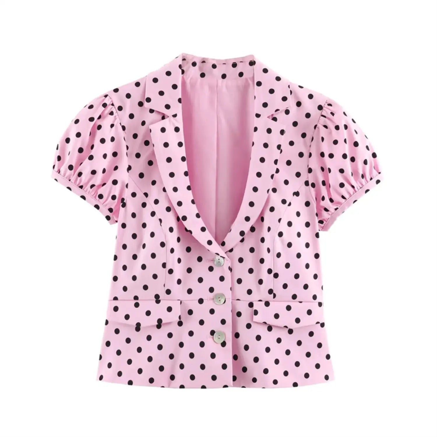 Full front flat lay cropped blazer, pink base black polka dot print, notched lapel collar, three mother-of-pearl buttons placket, short puff bubble sleeves, two fake flap pockets, tailored peplum waist hem, full pink lining