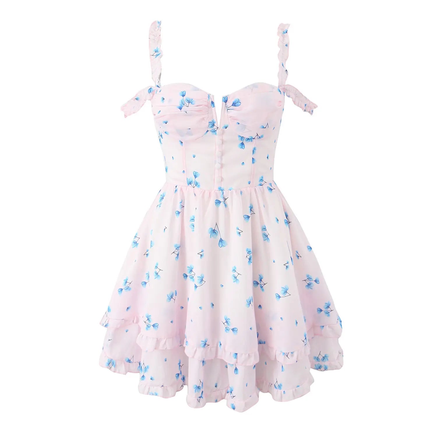Mannequin full front view pink mini dress, blue floral print, ruffle elastic straps, ruched bust, faux button front, double tier ruffle skirt