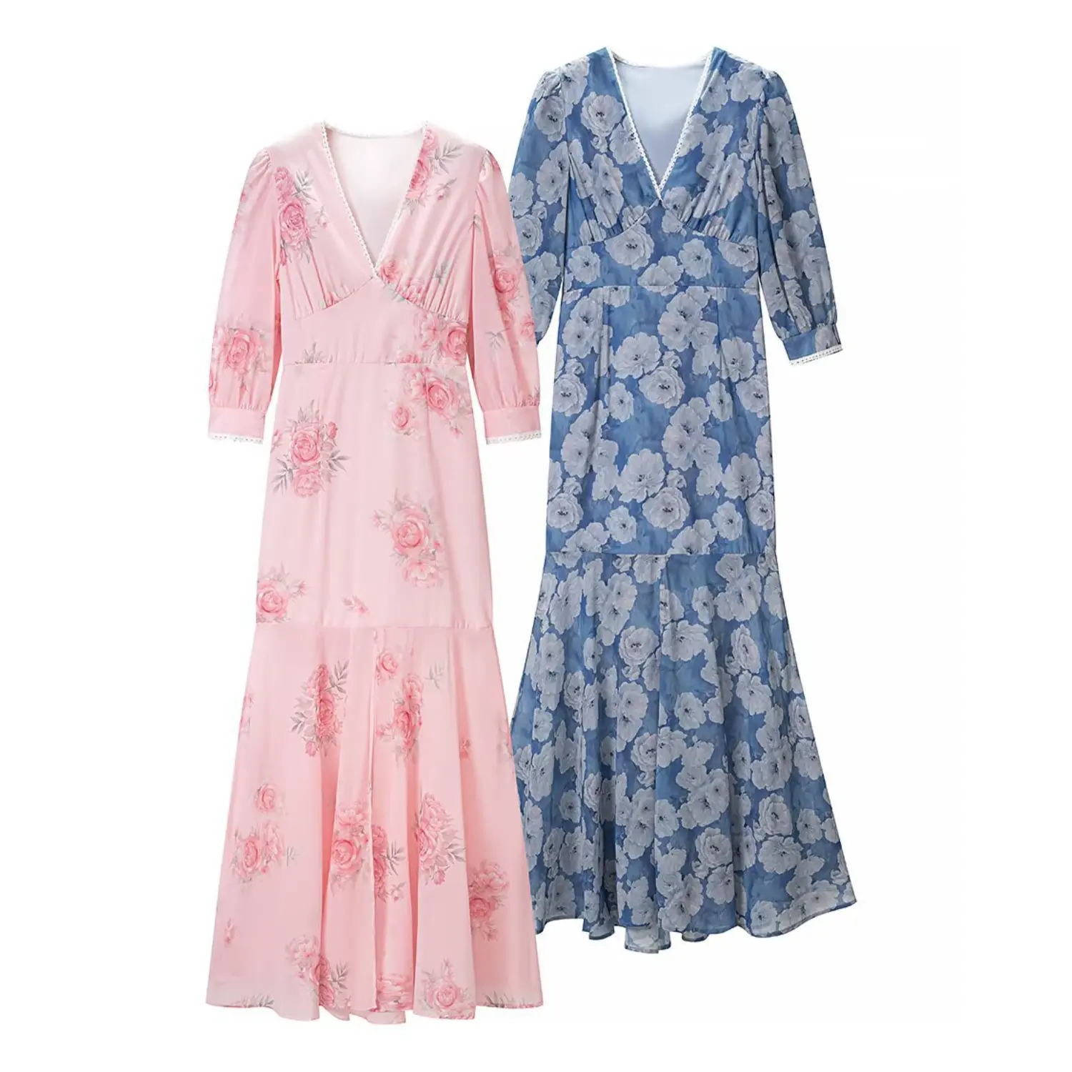 Two color flat comparison shot, light pink rose & navy blue big rose maxi dress, V neck lace trim, puff 3/4 sleeve, fitted waist mermaid long skirt