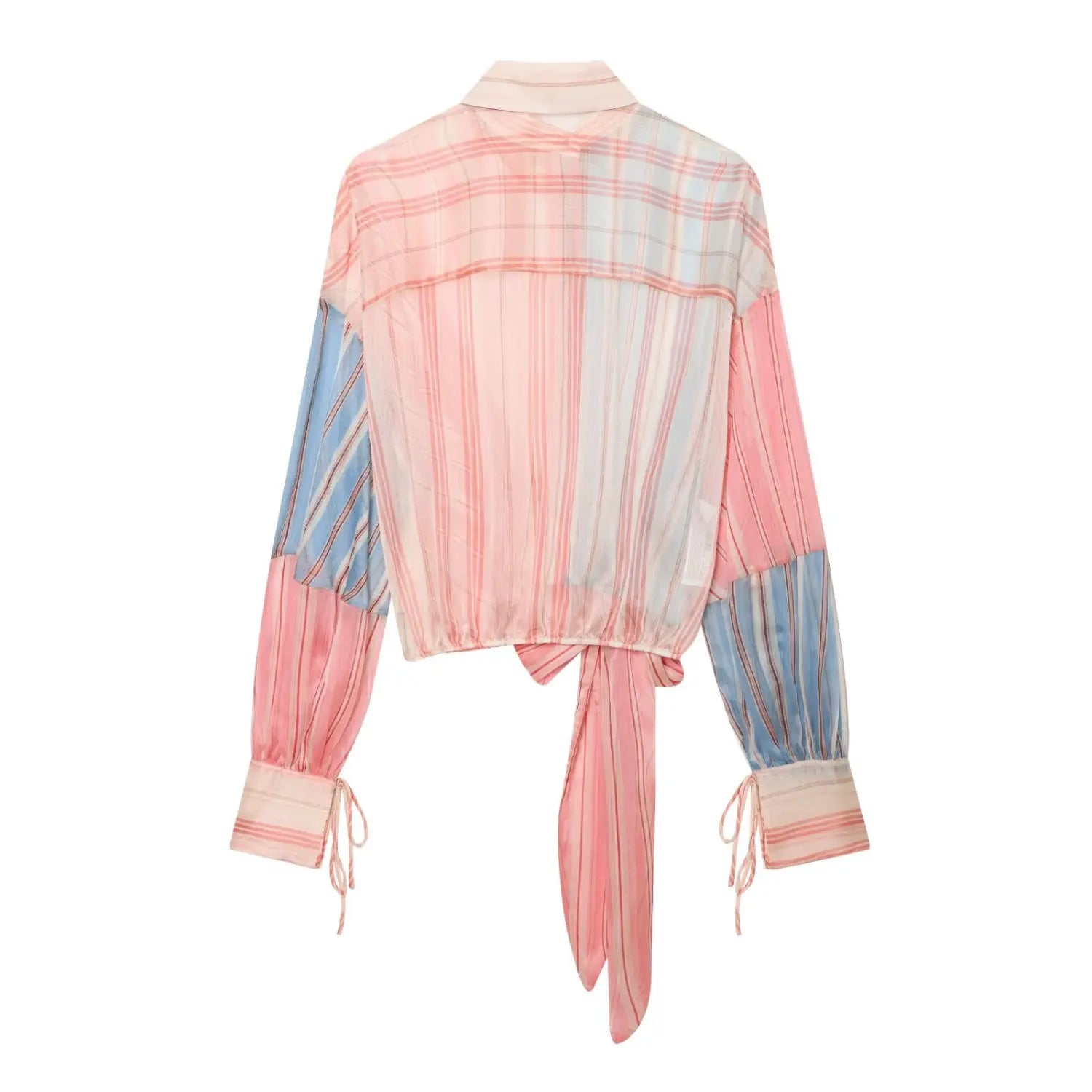 Complete back flat view, mixed vertical & plaid stripe print, elasticated back hem, long wrap tie hanging down