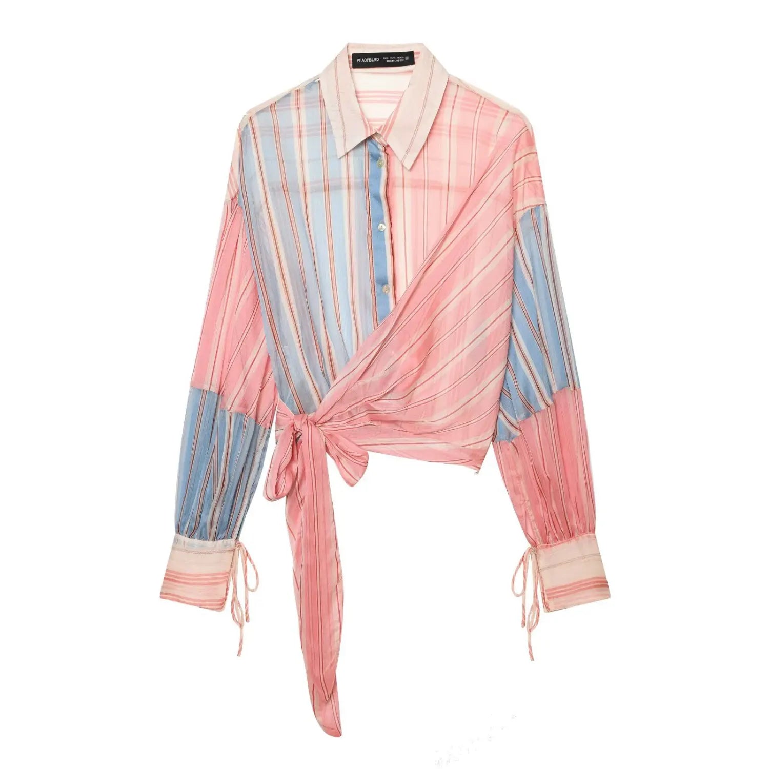 Full front flat lay main shot, colorblock pink blue stripe wrap cropped shirt, lapel collar, side self tie sash, drawstring cuffs, lightweight sheer fabric