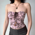 Soft stretch pink brown floral strapless cropped tube top, adjustable front bead drawstring bodycon women summer basic cami