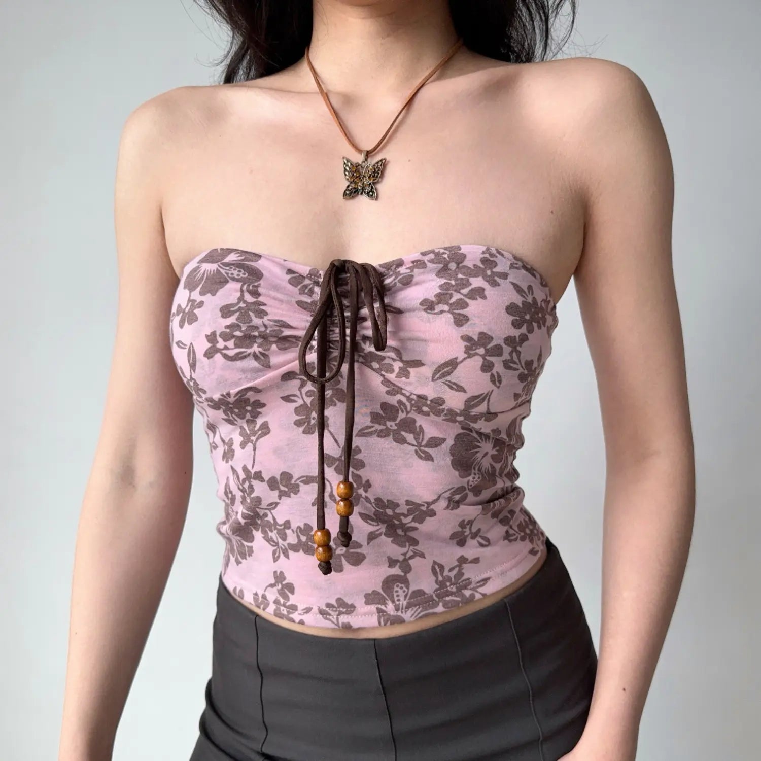 Soft stretch pink brown floral strapless cropped tube top, adjustable front bead drawstring bodycon women summer basic cami