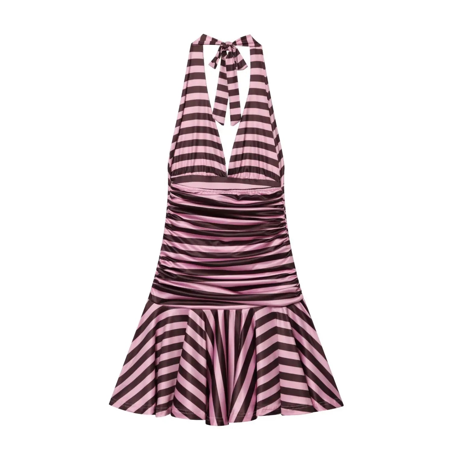 Complete back flat product shot, open tie-back halter neck, full vertical side ruching shaping body, diagonal striped flared mini fishtail skirt, stretch shiny striped fabric