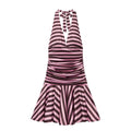 Full white background product flat lay, halter tie back mini dress, deep plunge V neck, all-over pink chocolate horizontal stripe, fully ruched waist/hip, flared diagonal stripe fishtail hem, sleek bodycon silhouette