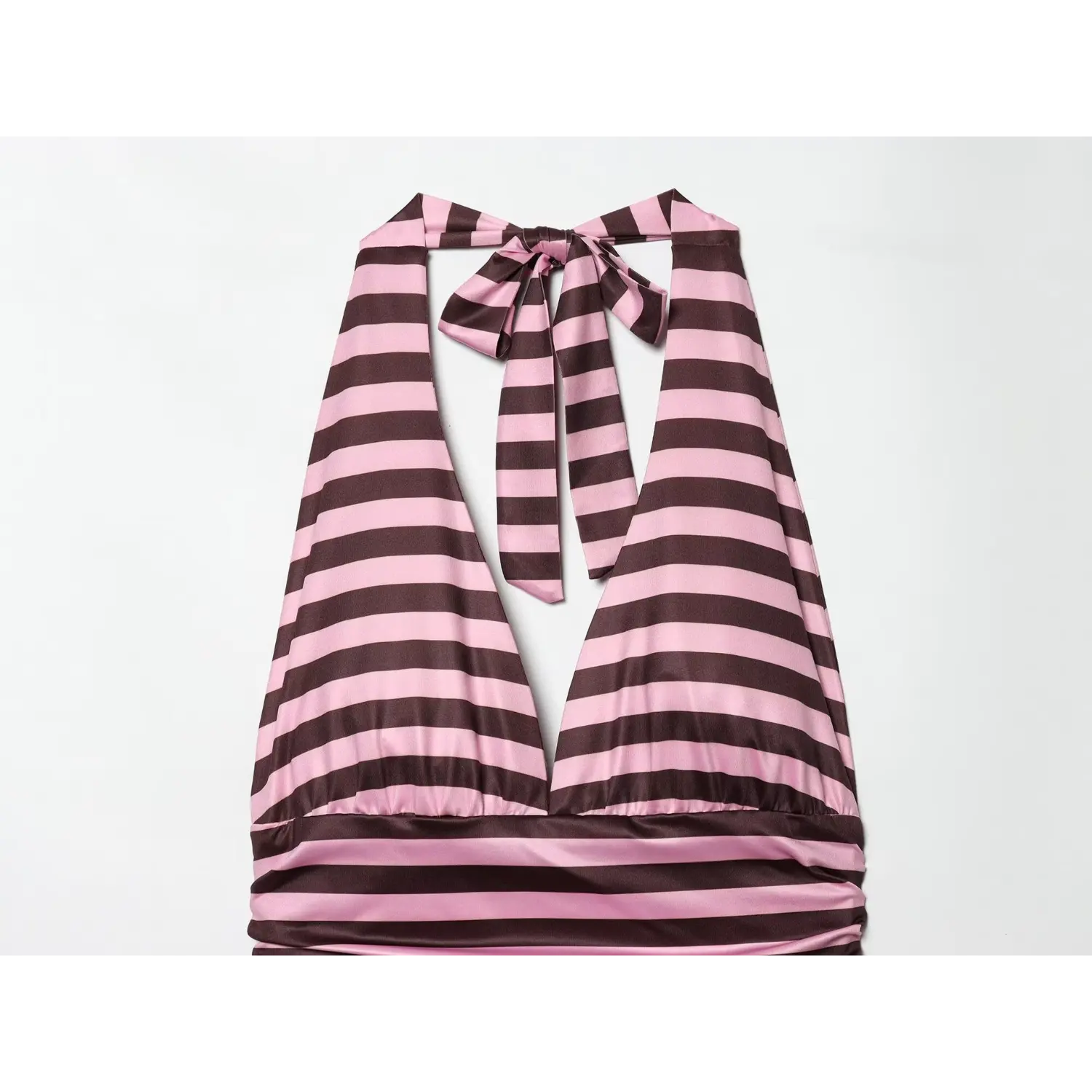Close-up front view of halter neck dress, pink & dark brown horizontal satin stripes, deep plunge V bust, gathered bust panel, self-fabric tie bow at back neck, glossy stretch woven fabric