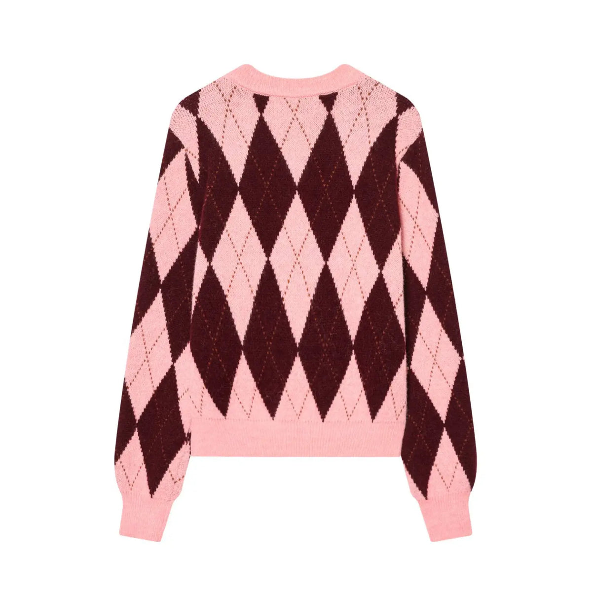 Pink burgundy argyle round neck button front cardigan, back flat lay