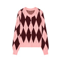 Pink burgundy argyle round neck button front cardigan, front flat lay