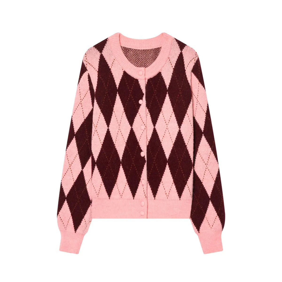 Pink burgundy argyle round neck button front cardigan, front flat lay