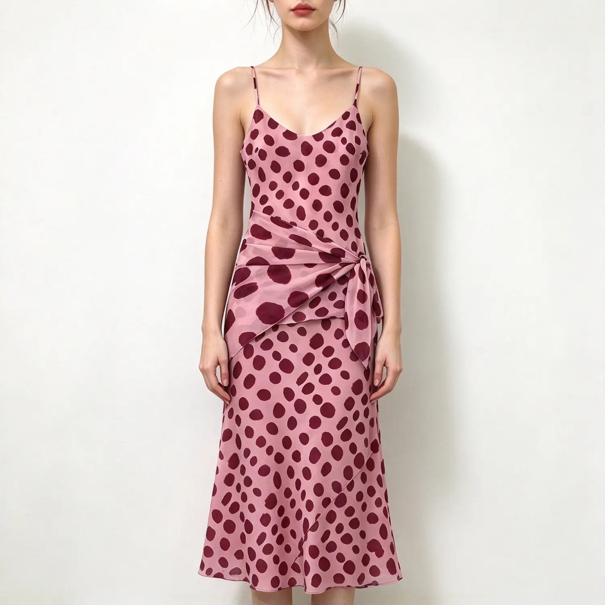 Model wearing pink burgundy polka dot spaghetti strap maxi dress, side wrap tie detail, v neck, mermaid hem, minimalist white background
