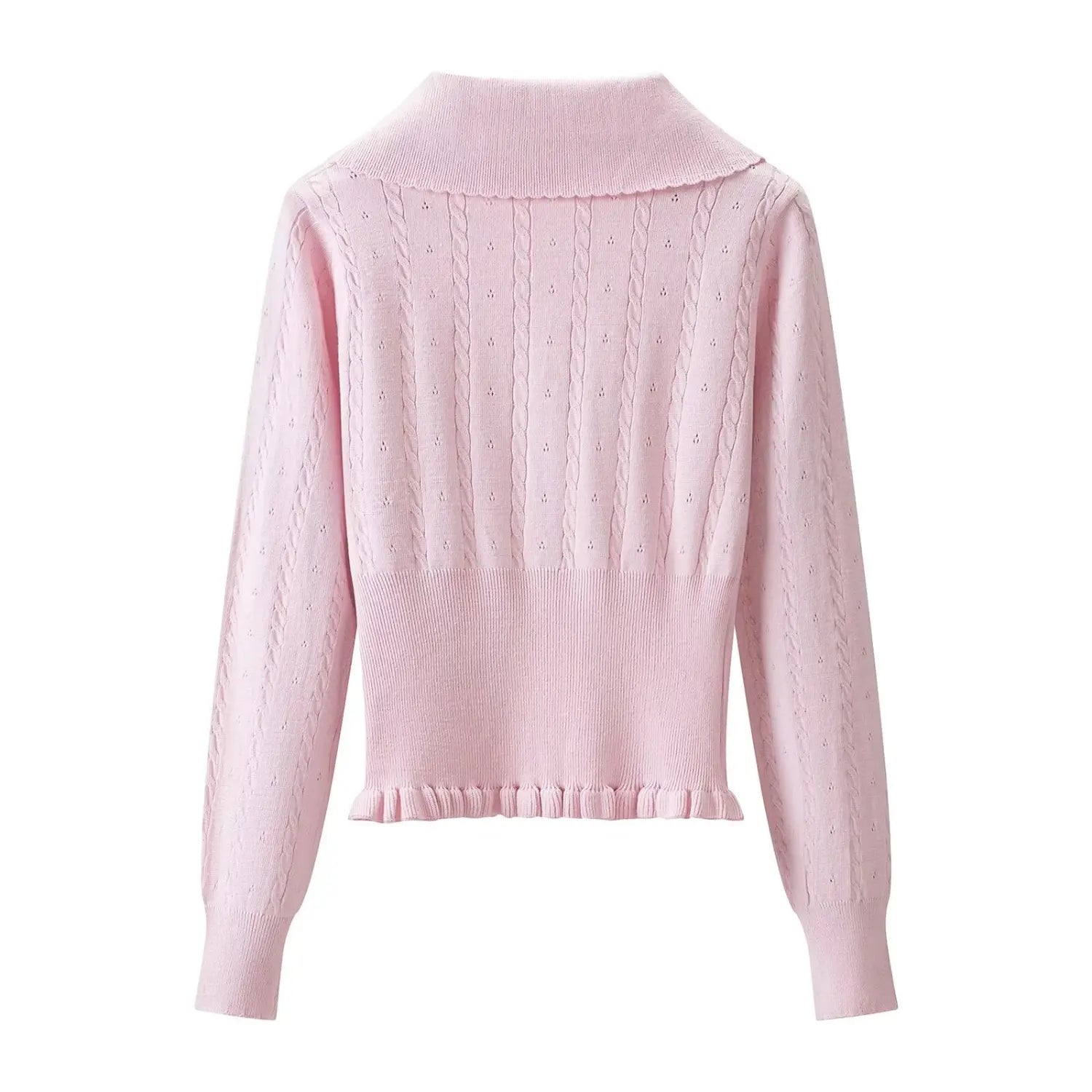 Back view of pink cable knit cropped long sleeve sweater, textured cable stitch pattern, scalloped collar and ruffle hem, white isolated background