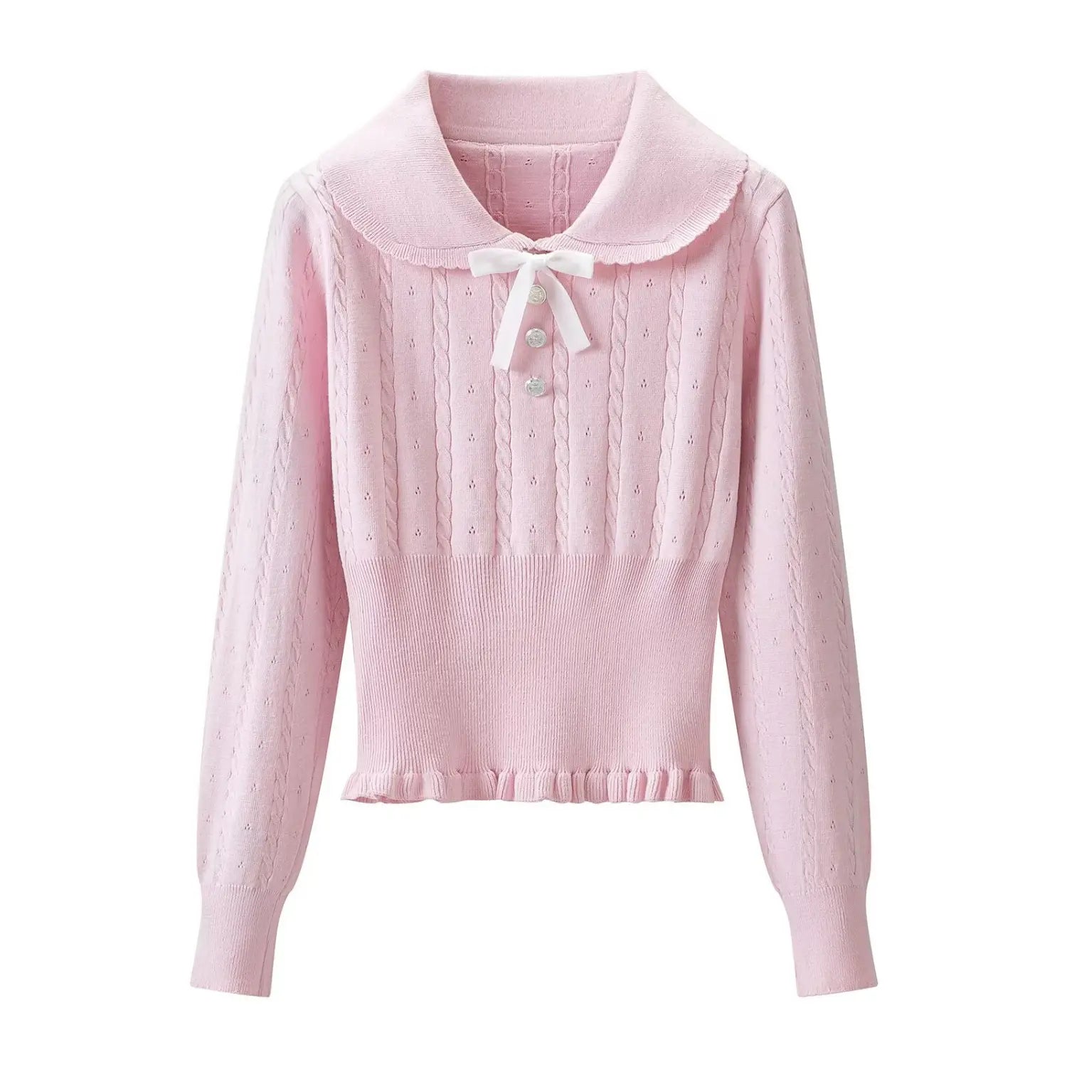 Front view of pink cable knit cropped sweater, peter pan scalloped collar, white satin bow and silver decorative buttons, ruffle hem, isolated white background