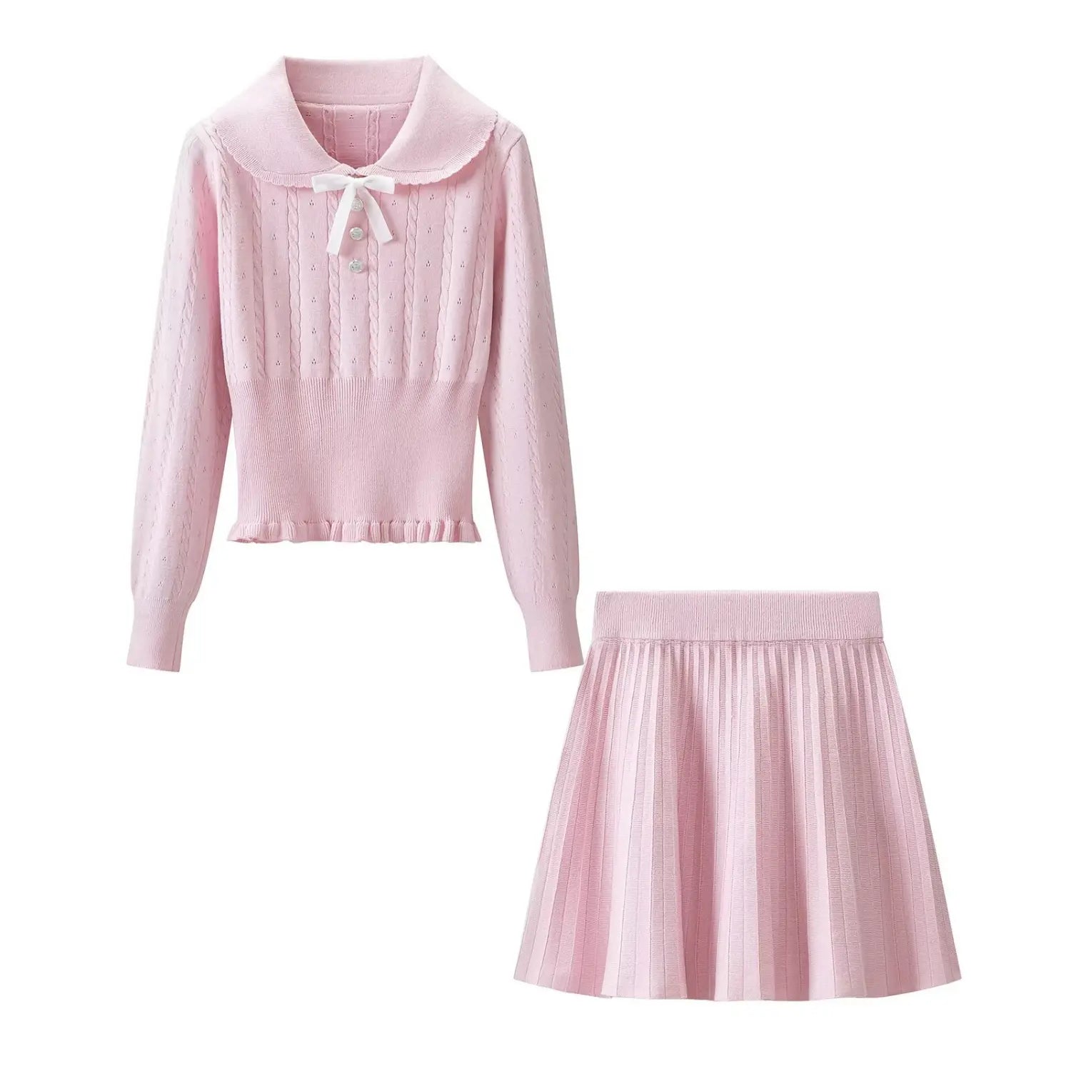Pink cable knit two piece set, peter pan collar cropped sweater with white bow button detail and high waisted pleated mini skirt, flat lay on white background