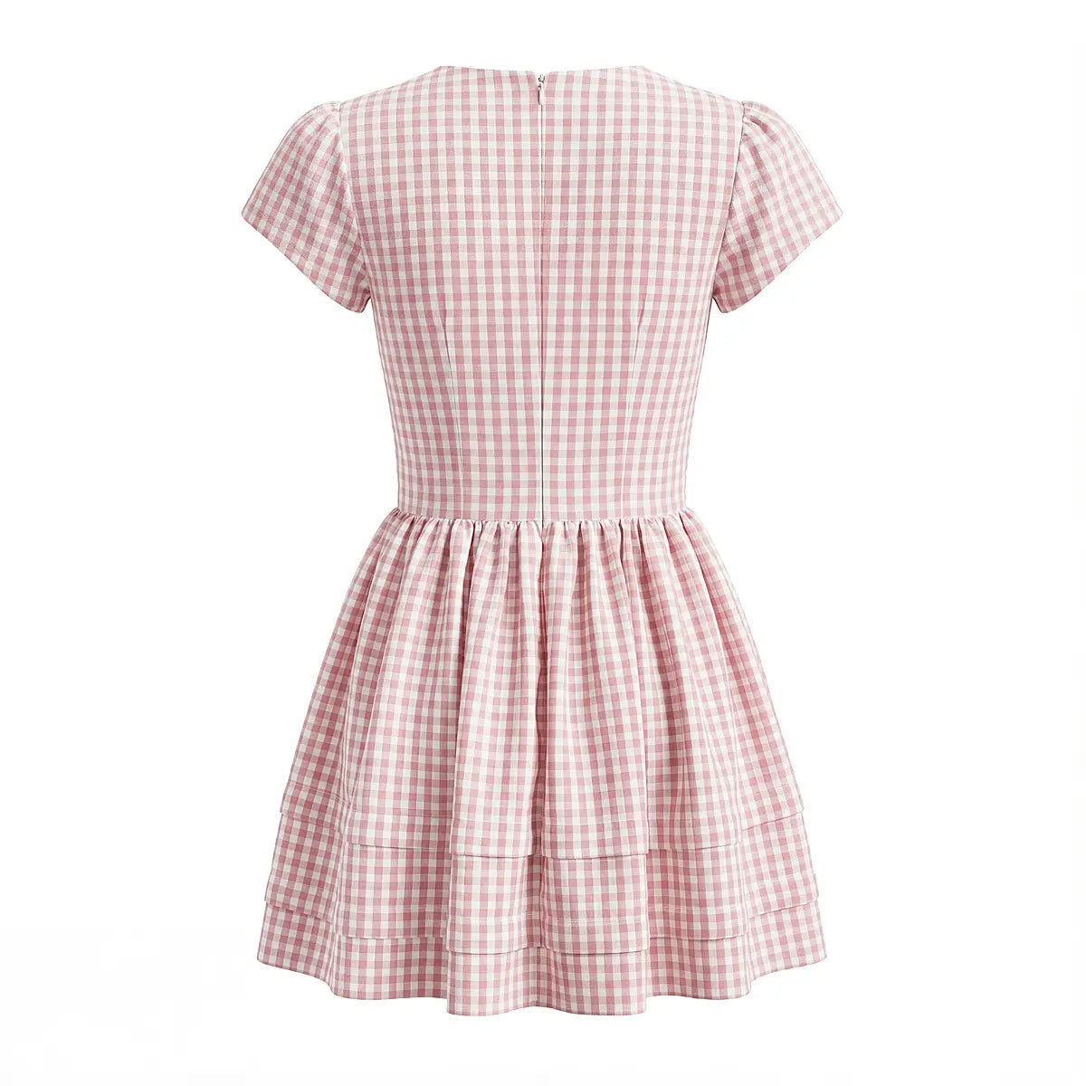 Full back flat lay pink gingham mini dress tier skirt