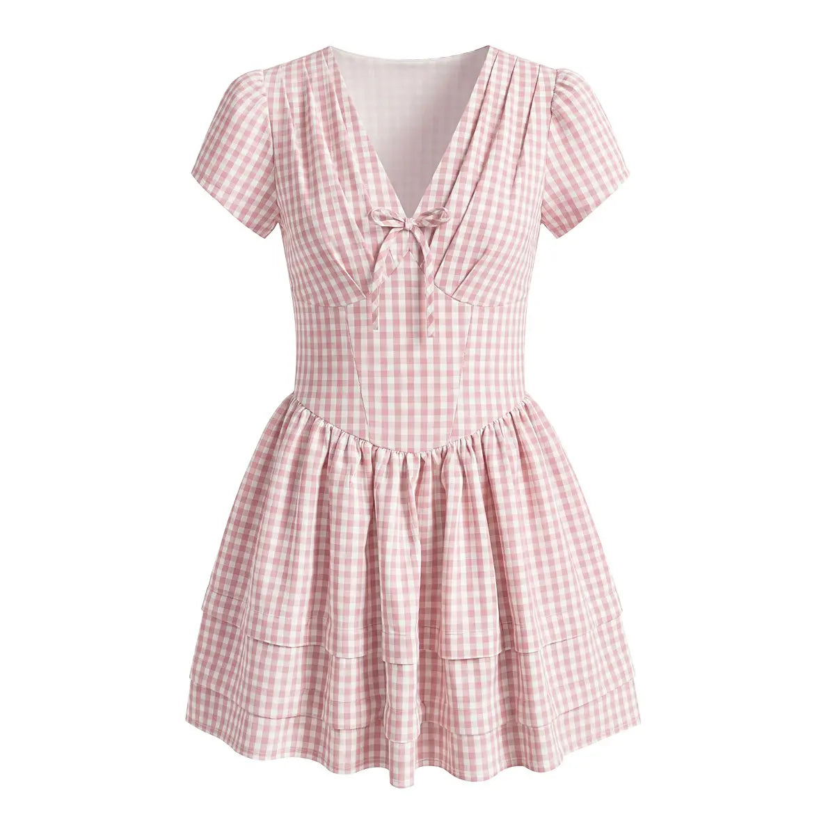  Flat lay pink gingham dress with front bow and tiered ruffle skirt