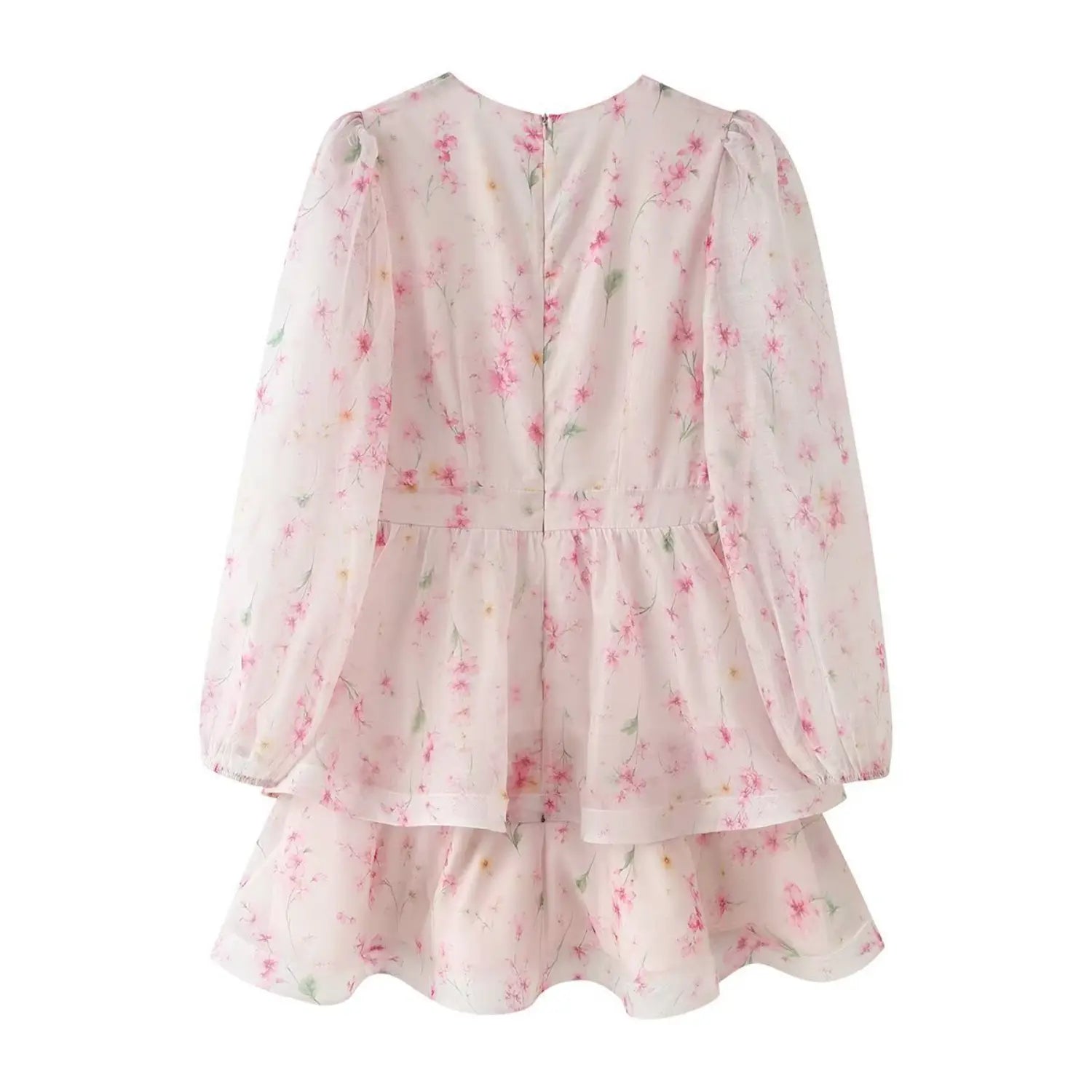 Complete back flat view, all-over watercolor pink floral print, center back zipper, tiered ruffle hem, loose balloon long sleeves