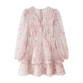 Full front flat lay main shot, light pink cherry blossom print chiffon mini dress, deep V pleated neck, long balloon sleeves, elastic waist, double layered ruffle skirt, back invisible zipper