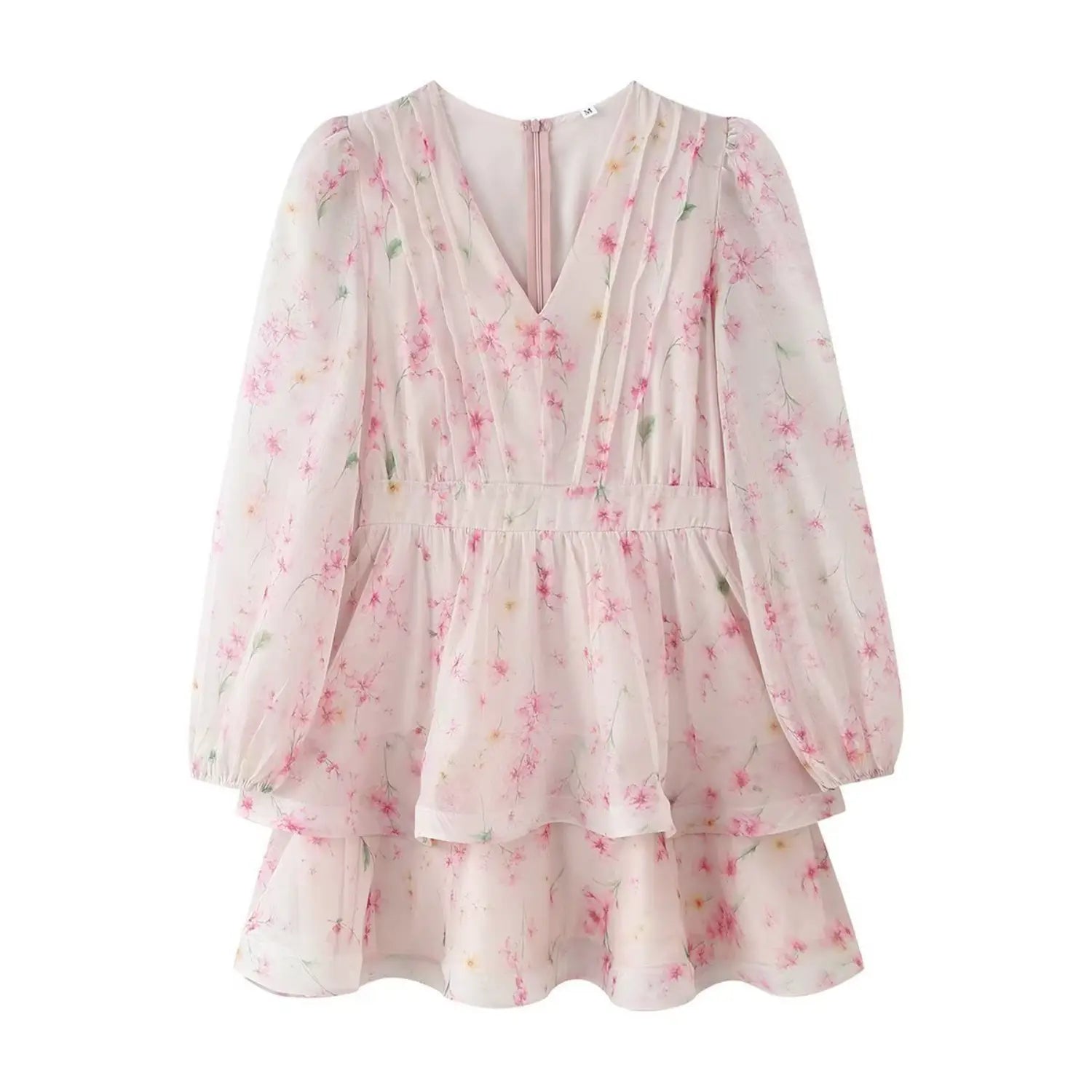Full front flat lay main shot, light pink cherry blossom print chiffon mini dress, deep V pleated neck, long balloon sleeves, elastic waist, double layered ruffle skirt, back invisible zipper