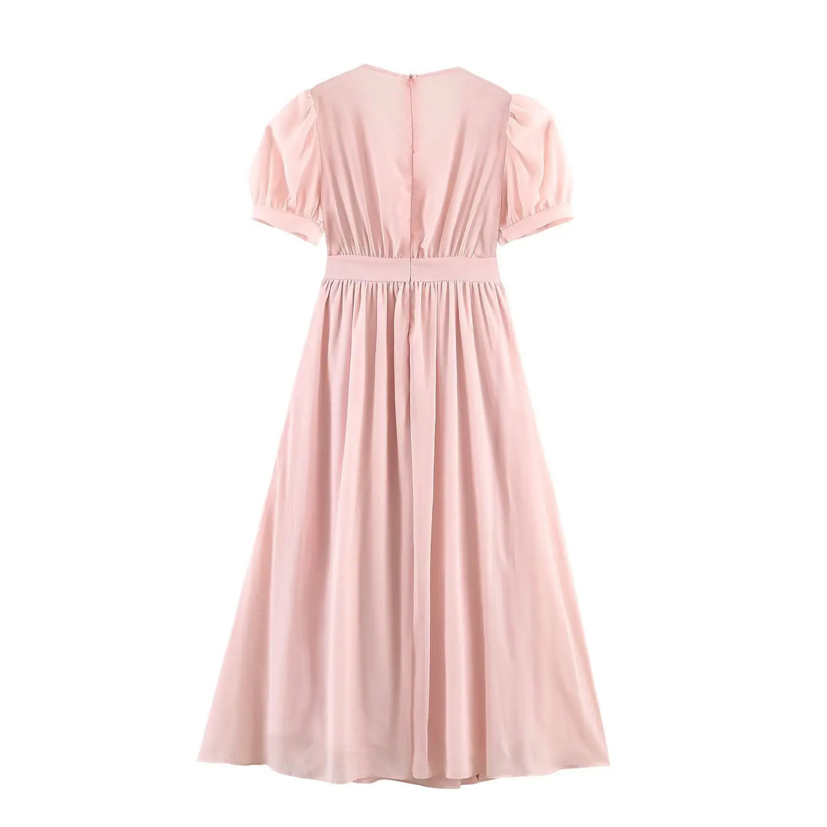 Pink chiffon maxi dress back view, hidden back zipper, puff short sleeve, fitted waist, long flowing skirt