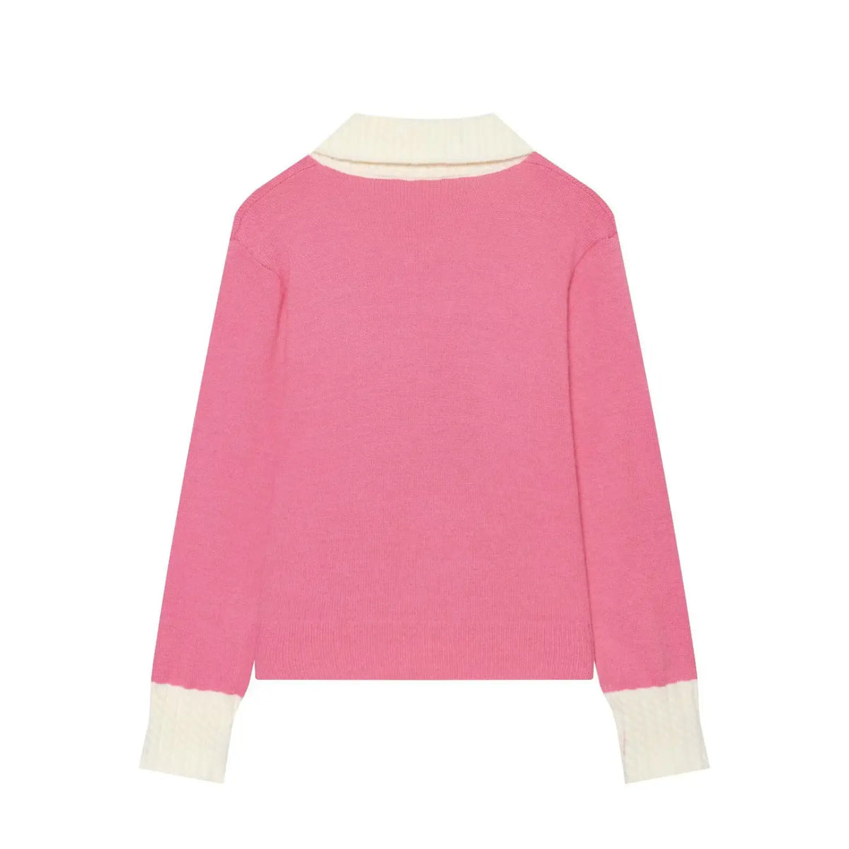 Women pink cropped knit cardigan solid back view, white cable knit collar and sleeve cuffs