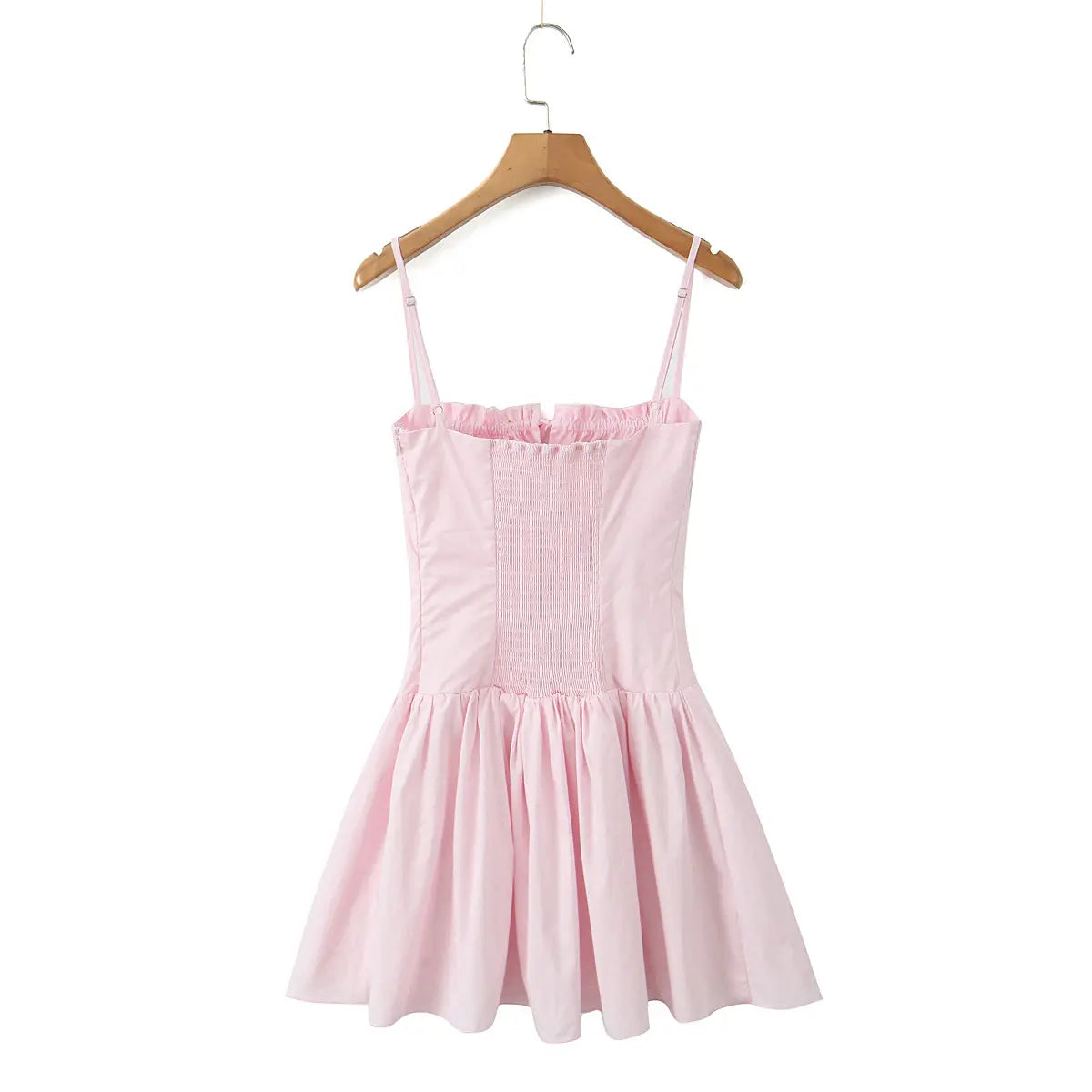 Full back view showing wide smocked panel and adjustable spaghetti straps.