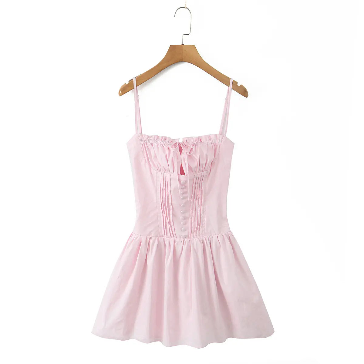 Full front view of light pink dress with corset-style bodice, front buttons, and flared mini skirt.