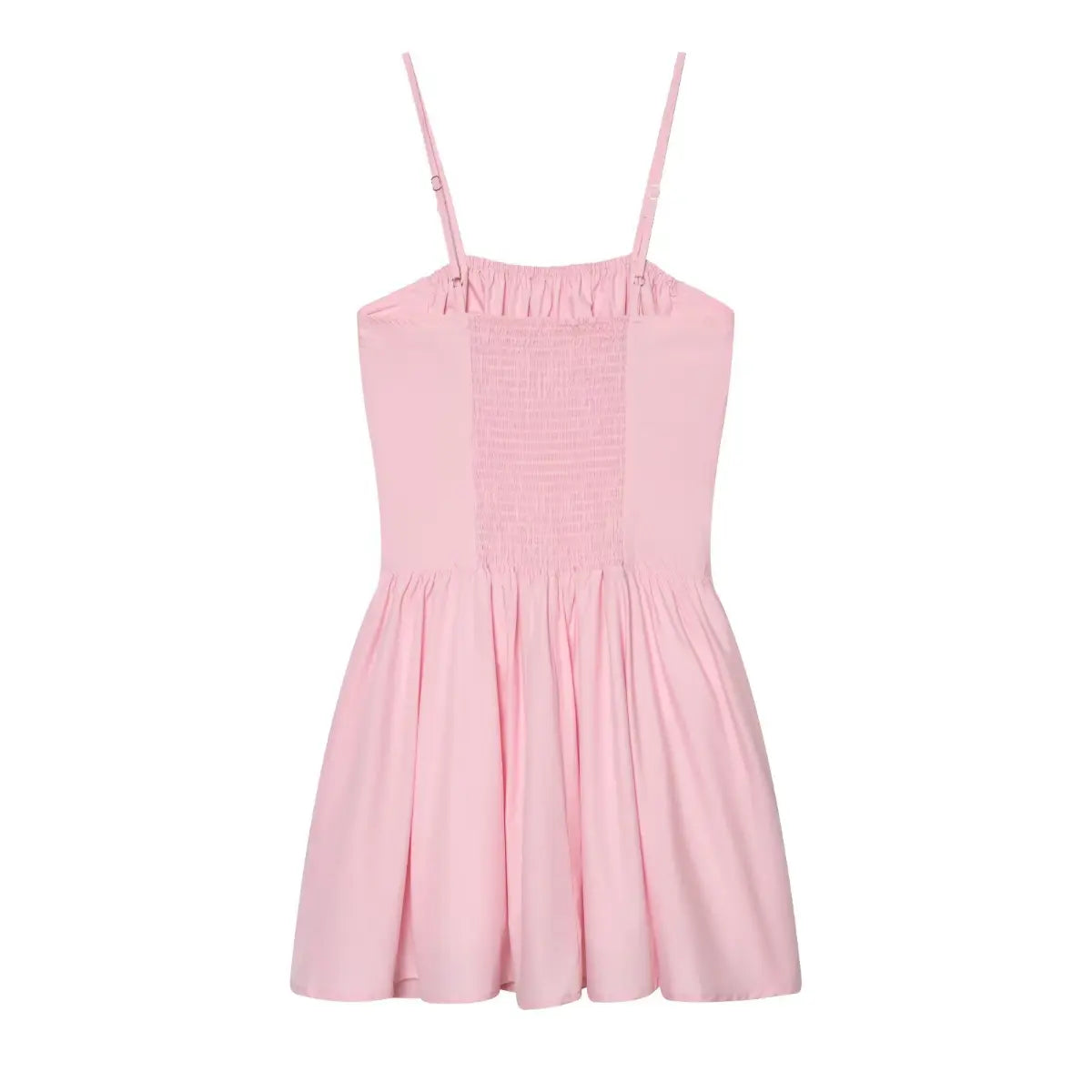 Full back white background shot of pink sundress, all-over elastic smocked back bodice and adjustable shoulder straps.