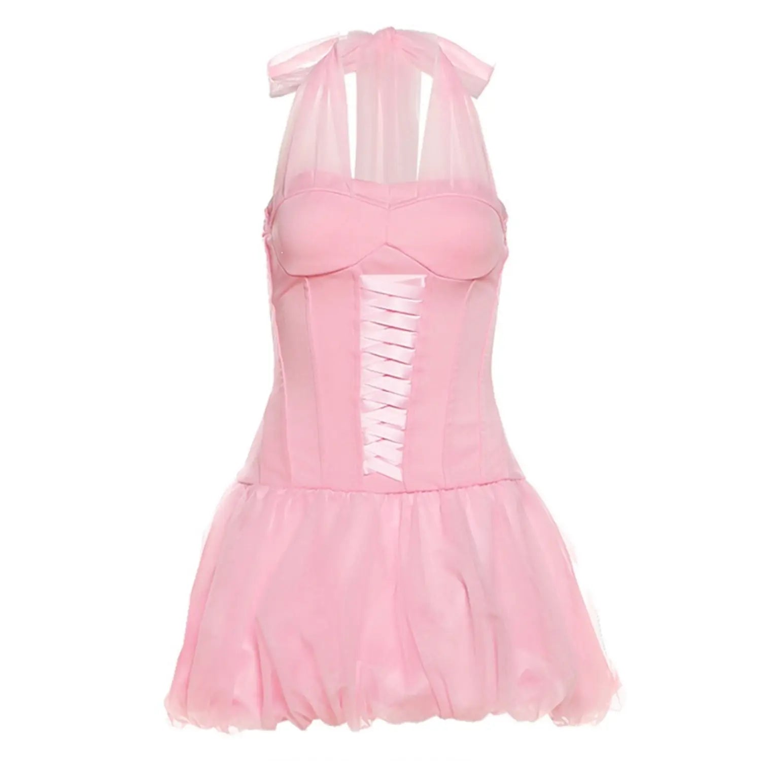 Flat product shot pink halter corset mini dress front full view with ribbon lace‑up bodice
