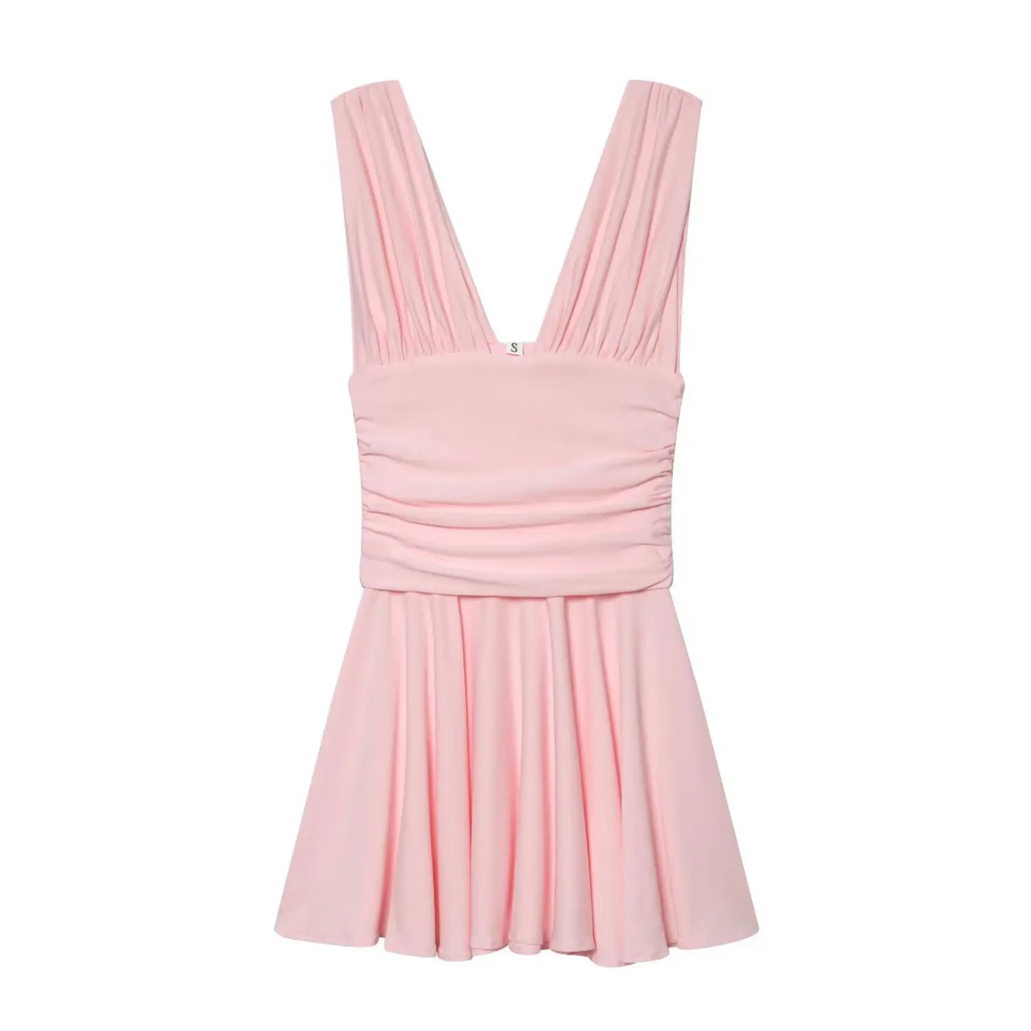 Light pink deep V sleeveless mini dress, back view with inner size label, ruched waist and pleated flared skirt