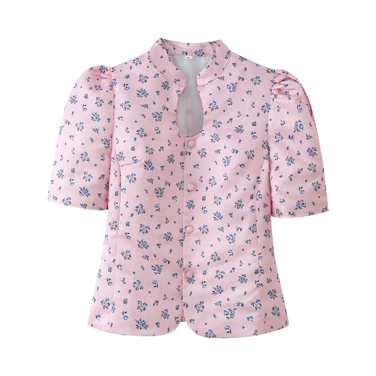 Full front view of the pink ditsy floral blouse, featuring the keyhole neckline, puff sleeves, and princess seams