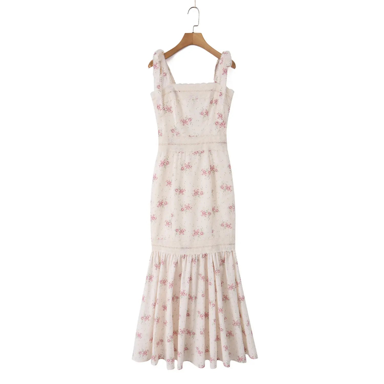 Wood hanger front shot vintage floral midi dress, self-tie bow shoulder straps edged with delicate scalloped lace, square neck hollow lace spliced waist, slim fit flared mermaid long skirt, soft lightweight woven fabric with tiny pink rose print